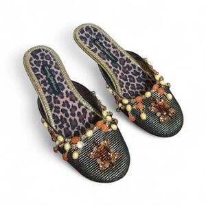 Beverly Feldman  Designer Black/ Gold mesh jeweled Mules Decorative Beads Sz 8